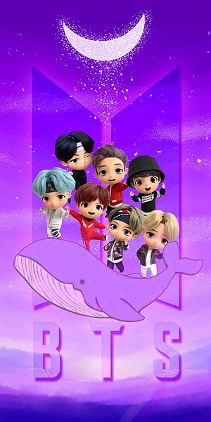 BTS TinyTan 3D Chibi Characters on a Purple Whale Under a Crescent Moon HD phone wallpaper