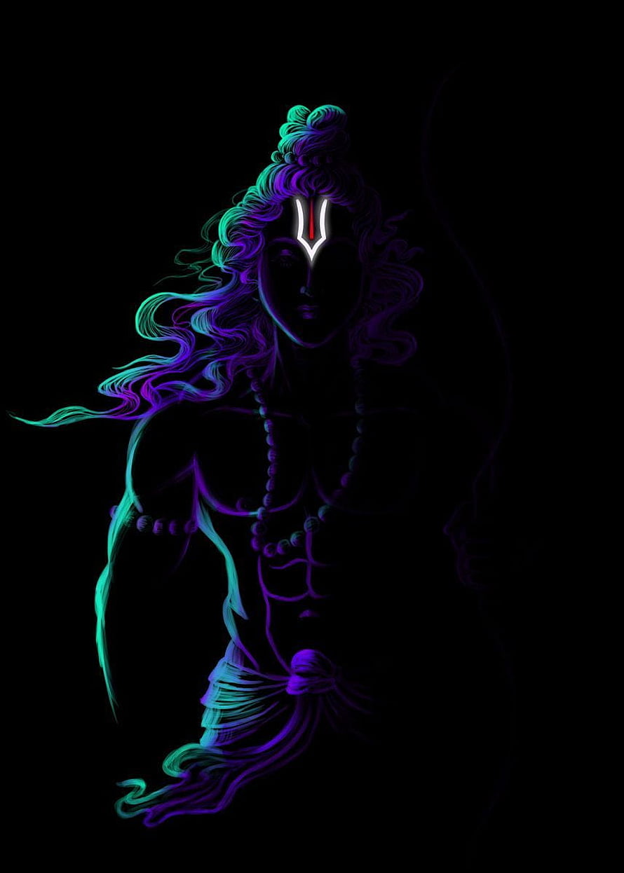 Neon Glowing Lord Rama Silhouette with Rudraksha Mala and Tilak on Black Background HD phone wallpaper
