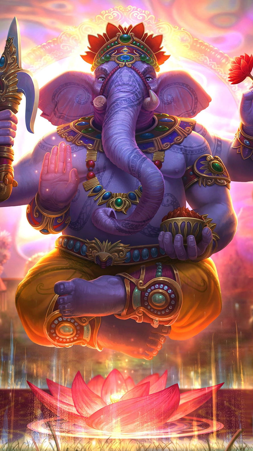 Lord Ganesha Digital Art: Hindu Elephant God Seated on Lotus with Axe and Modak HD phone wallpaper