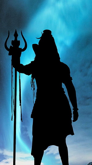 Lord Shiva Silhouette Holding Trishula Against Ethereal Blue Sky HD phone wallpaper