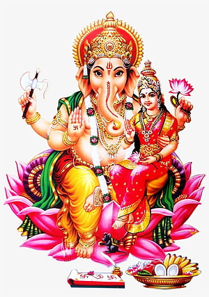 Lakshmi Ganapathi Deity Illustration with Lotus and Offerings HD phone wallpaper