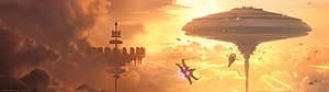 Star Wars Star Destroyer and X-Wing Space Battle in Golden Clouds HD wallpaper