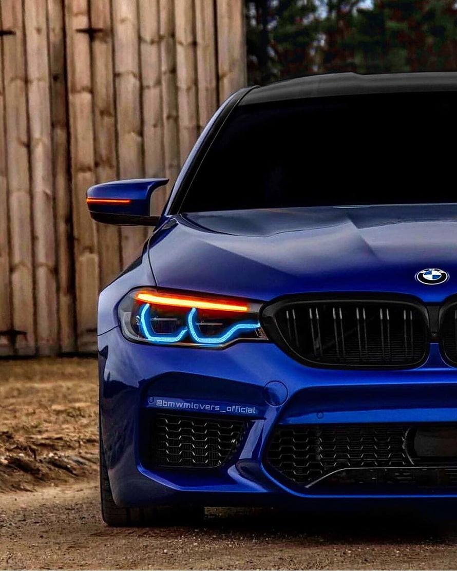 Blue BMW M5 F90 Front End with Distinctive LED Headlights and Signature Grille HD phone wallpaper
