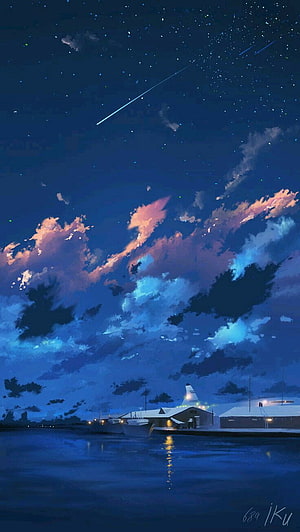 Dreamy Anime Night Sky with Shooting Stars and Coastal Village HD phone wallpaper