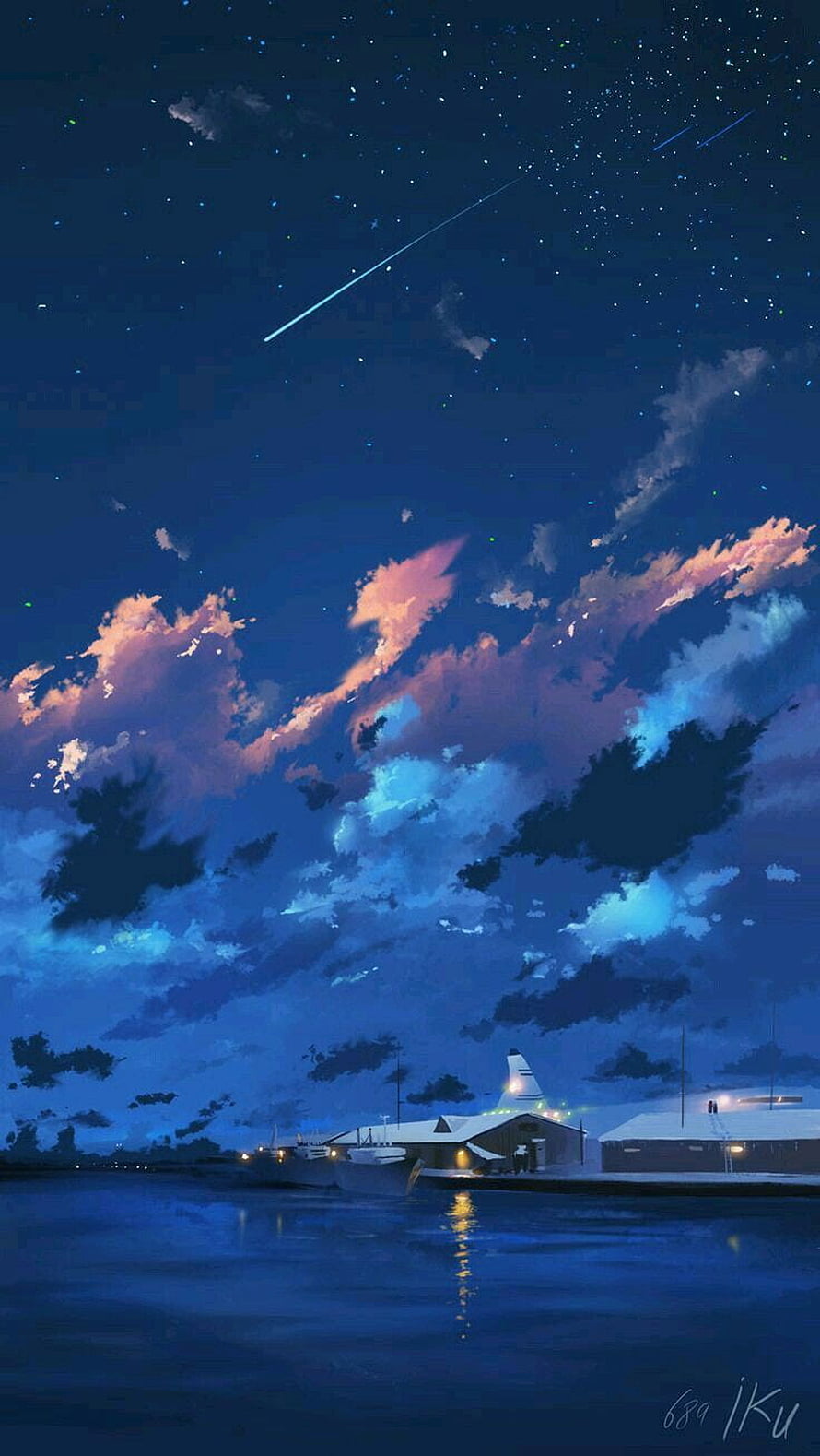Dreamy Anime Night Sky with Shooting Stars and Coastal Village HD phone wallpaper
