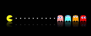 Pac-Man and Ghosts Chasing Dots on Black Background with Reflection, Amazing Creative Dual Screen Monitor, Portal Dual Screen HD wallpaper