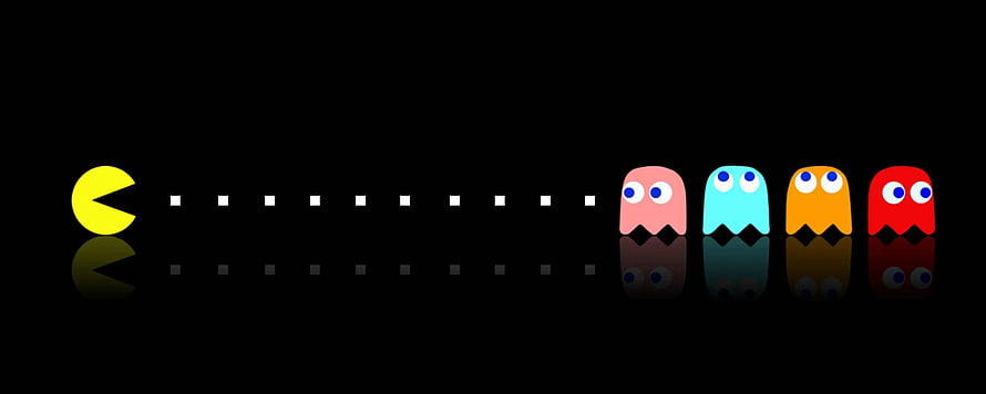 Pac-Man and Ghosts Chasing Dots on Black Background with Reflection HD wallpaper