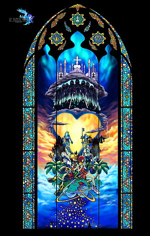 Kingdom Hearts Stained Glass Window Artwork Featuring Castle and Characters HD phone wallpaper