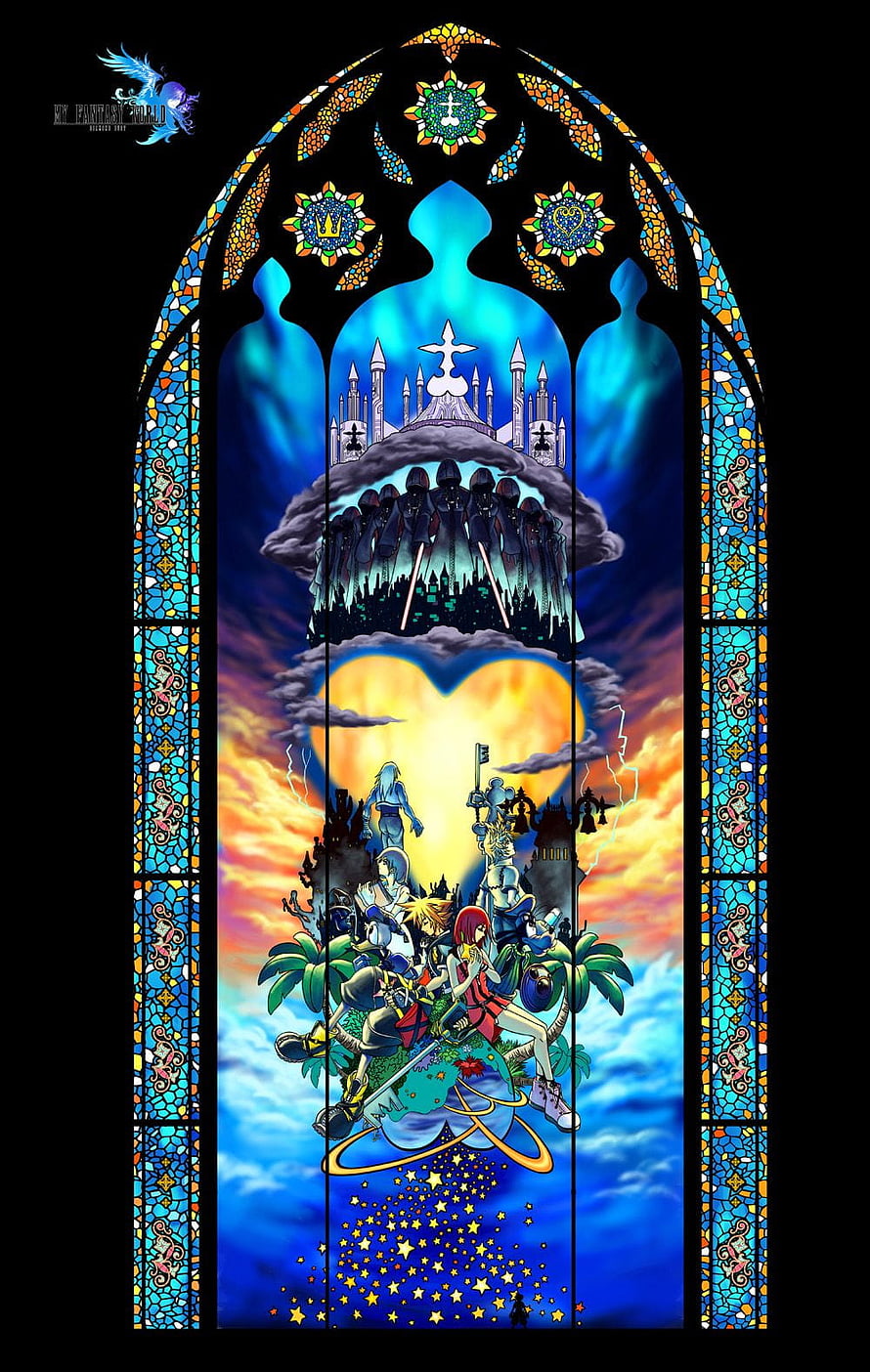 Kingdom Hearts Stained Glass Window Artwork Featuring Castle and Characters HD phone wallpaper