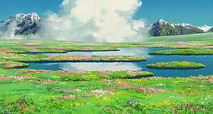 Howl's Moving Castle Alpine Meadow with Snow-Capped Peaks and Wildflower Ponds HD wallpaper
