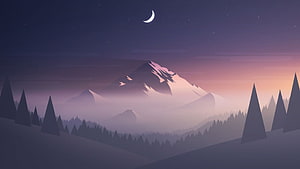 Minimalist Anime Mountain Landscape at Night with Crescent Moon and Pine Forest HD wallpaper