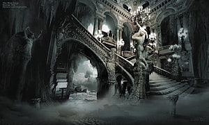 Gothic Baroque Grand Staircase with Classical Statues and Chandeliers in a Misty Ruined Hall HD wallpaper