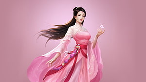 Elegant Fantasy Woman in Flowing Pink Hanfu Holding a Butterfly HD wallpaper