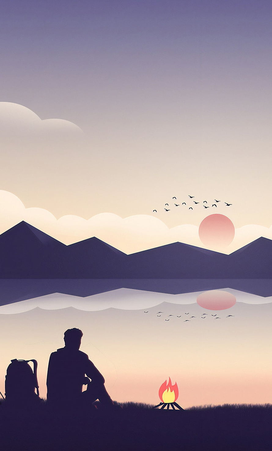 Minimalist Silhouette of a Hiker by a Campfire at Sunset with Mountain Reflection HD phone wallpaper