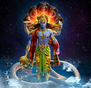 Lord Vishnu Standing on Cosmic Serpent with Multi-Headed Hood and Celestial Background HD wallpaper