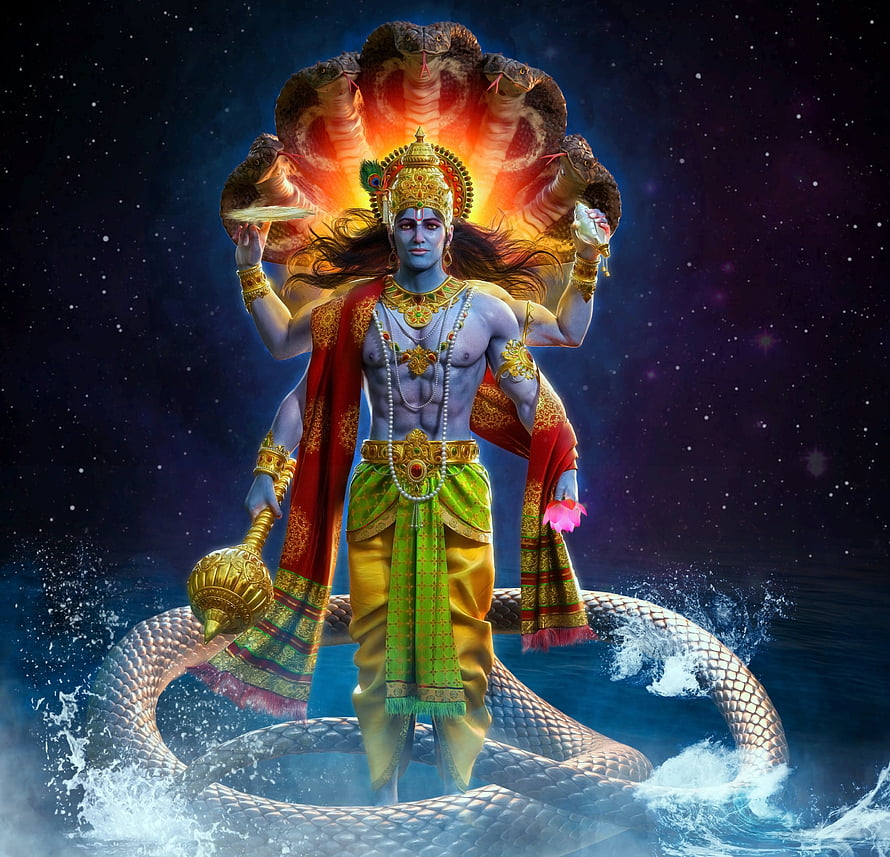 Lord Vishnu Standing on Cosmic Serpent with Multi-Headed Hood and Celestial Background HD wallpaper
