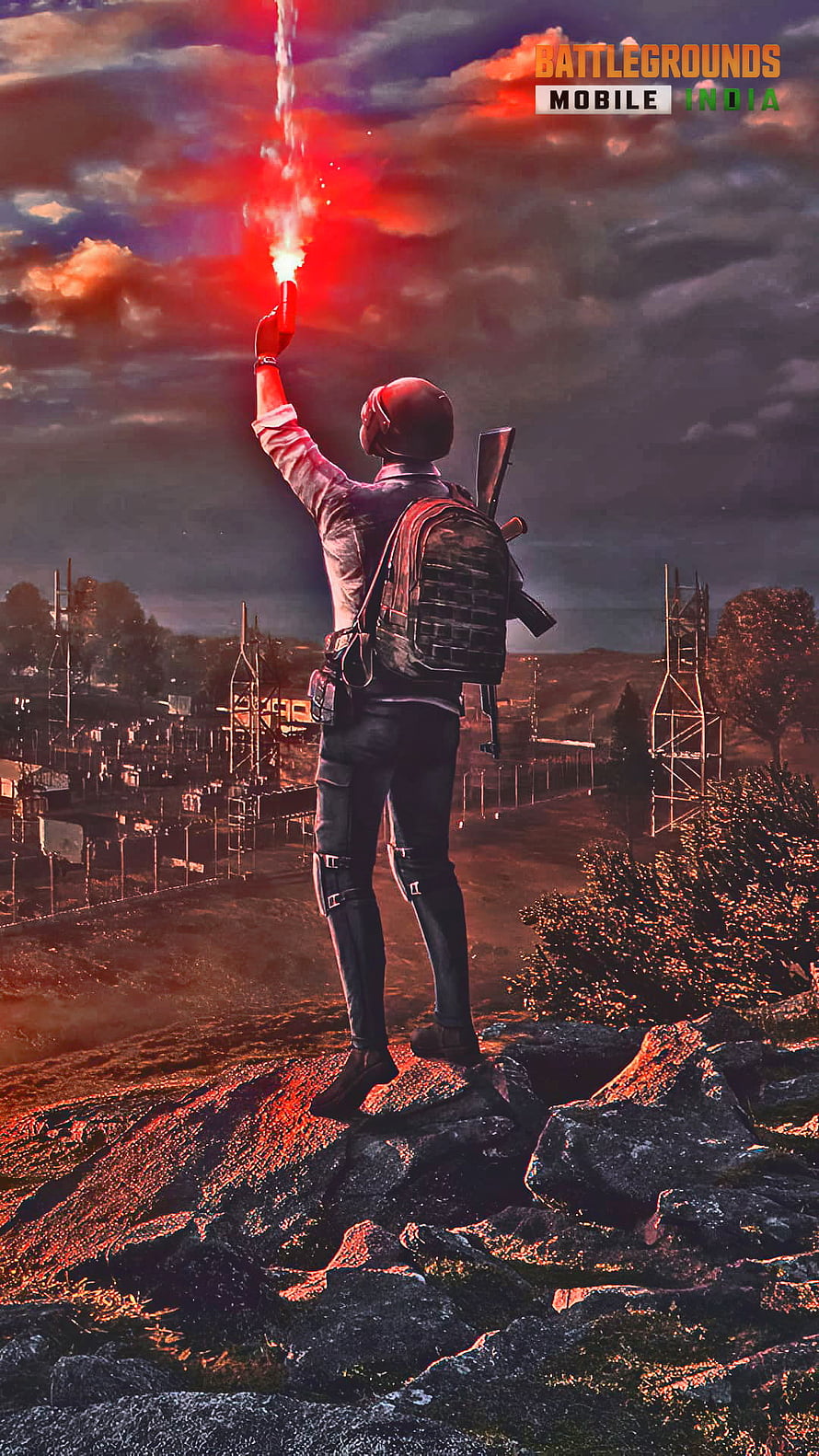 Battlegrounds Mobile India Soldier Firing Red Flare on Rocky Hilltop at Dusk HD phone wallpaper