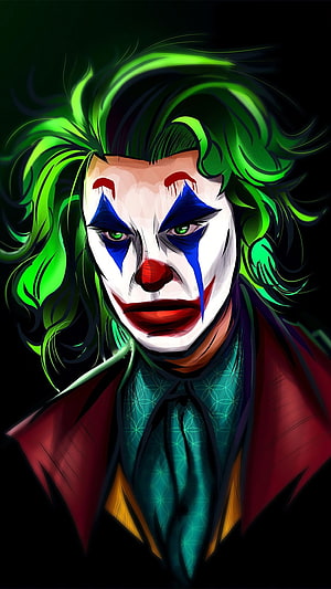 Joker Digital Portrait with Green Hair and Clown Makeup in Dark Style HD phone wallpaper