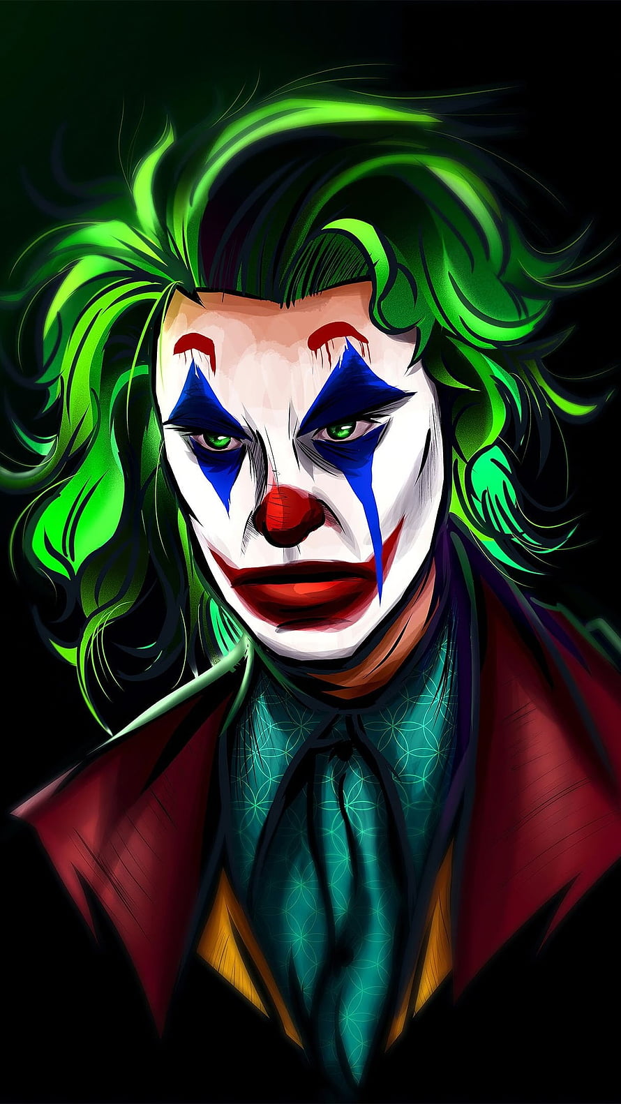 Joker Digital Portrait with Green Hair and Clown Makeup in Dark Style HD phone wallpaper