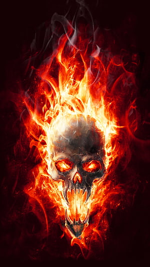 Burning Skull with Glowing Eyes Enveloped in Intense Red Flames and Dark Smoke HD phone wallpaper