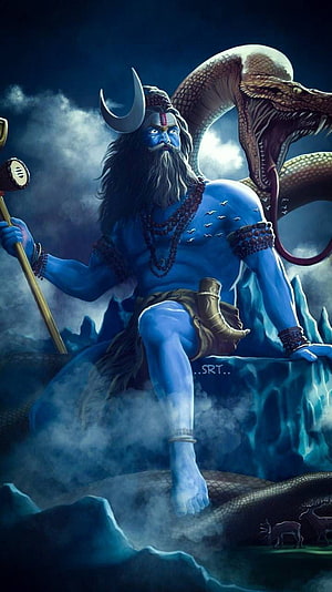 Lord Shiva Seated on Cosmic Serpent with Crescent Moon and Trishula Staff HD phone wallpaper