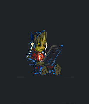 Baby Groot Listening to Music on a Smartphone with Headphones in Stylized Digital Art HD phone wallpaper