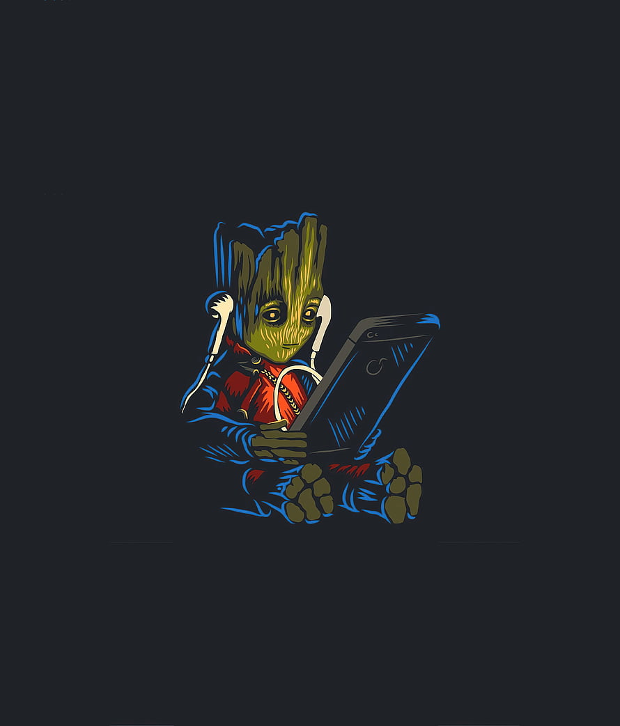 Baby Groot Listening to Music on a Smartphone with Headphones in Stylized Digital Art HD phone wallpaper
