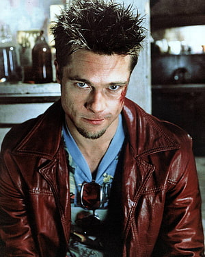 Brad Pitt as Tyler Durden in Fight Club with spiky hair and red leather jacket HD phone wallpaper