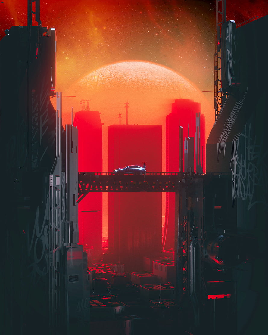 Cyberpunk Cityscape with Red Planet and Elevated Highway HD phone wallpaper