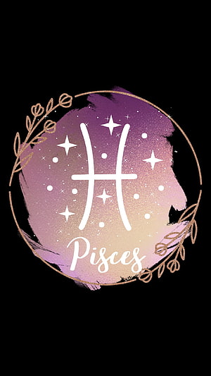 Pisces Zodiac Sign with Gold Botanical Frame and Purple Watercolor Background HD phone wallpaper