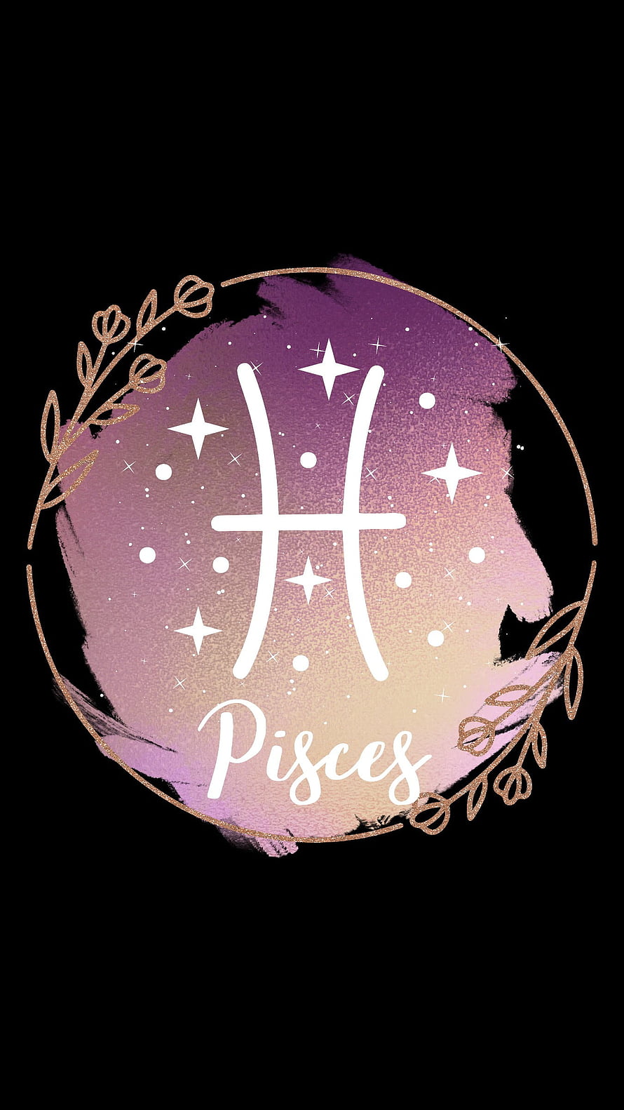 Pisces Zodiac Sign with Gold Botanical Frame and Purple Watercolor Background HD phone wallpaper