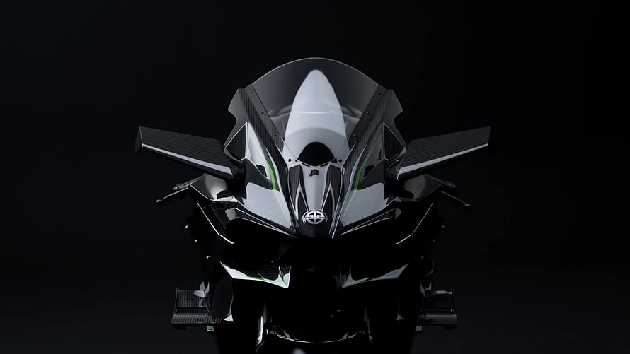 Kawasaki Ninja H2R Front View with Carbon Fiber Accents and Green Highlights on Black Background HD wallpaper