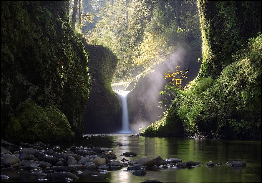 Mossy Forest Gorge With Waterfall And Sunbeams Over Calm Pool HD wallpaper