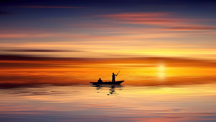 Silhouetted Fisherman in a Small Boat on Calm Water During a Vibrant Sunset HD wallpaper