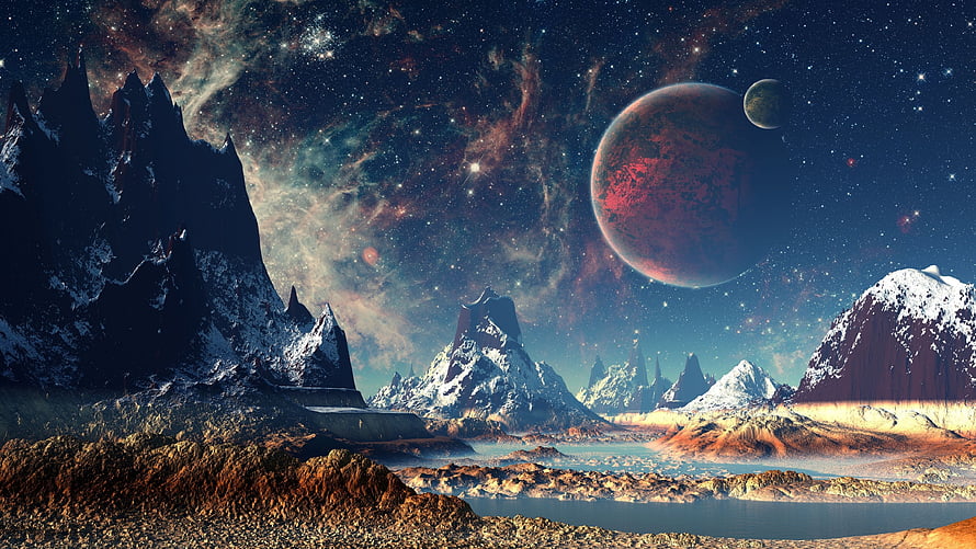 Alien Mountain Landscape with Red Planet and Nebula Sky HD wallpaper