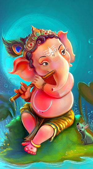 Cute Baby Ganesha Playing Flute with Mouse Companion in Vibrant Digital Art HD phone wallpaper