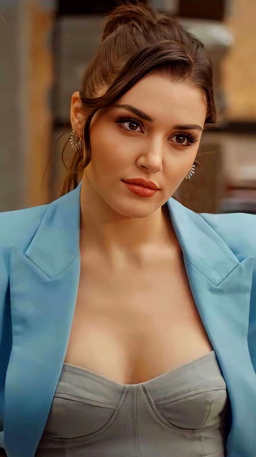 Hande Erceel in a Light Blue Blazer and Grey Corset Top HD phone wallpaper