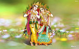 Radha Krishna in a Flower Meadow with Peacock Crown and Flute HD wallpaper