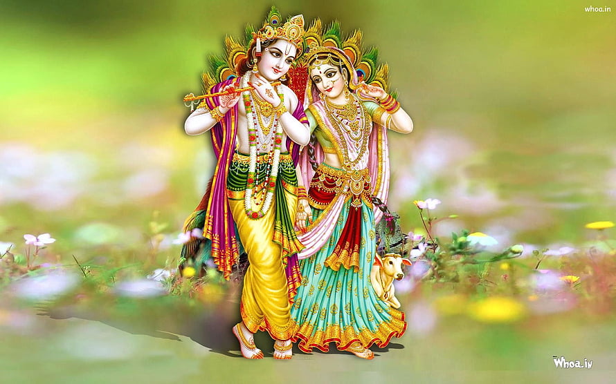 Radha Krishna in a Flower Meadow with Peacock Crown and Flute HD wallpaper