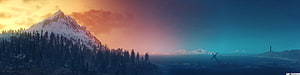 Snow-Capped Mountain Peak at Sunset with Pine Forest and Distant Lighthouse HD wallpaper