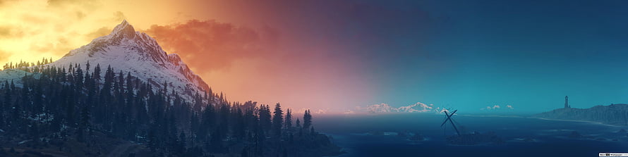 Snow-Capped Mountain Peak at Sunset with Pine Forest and Distant Lighthouse HD wallpaper
