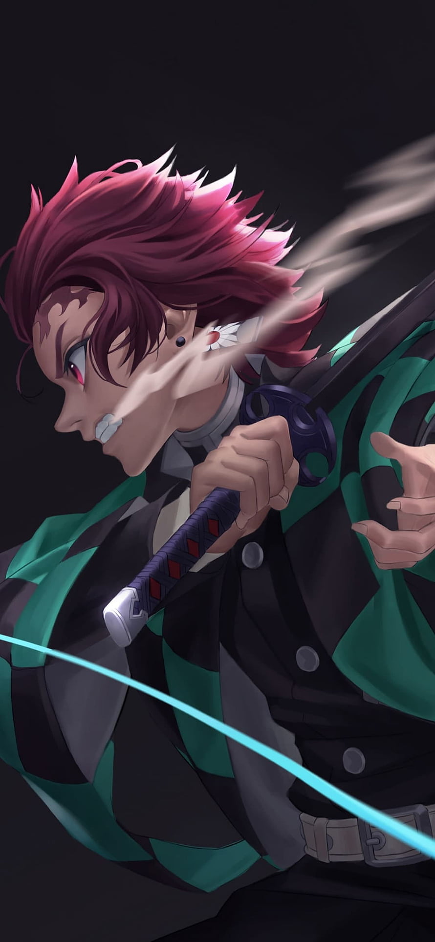 Demon Slayer Character with Red Hair and Katana in Green Checkered Haori HD phone wallpaper