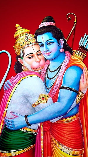 Lord Rama and Hanuman Embracing in Traditional Indian Mythological Art, Hanuman, Jay Shree Ram HD phone wallpaper