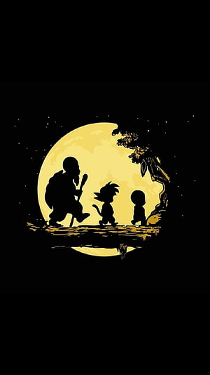 Dragon Ball Z Silhouette Art of Goku, Master Roshi, and Gohan Under a Full Moon HD phone wallpaper