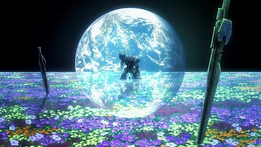Gundam 00 Mecha Standing in Flower Field with Earth in Background HD wallpaper