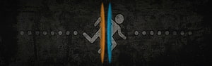 Portal Game Dual Monitor Banner with Glitch Effect and Split Character Icon HD wallpaper