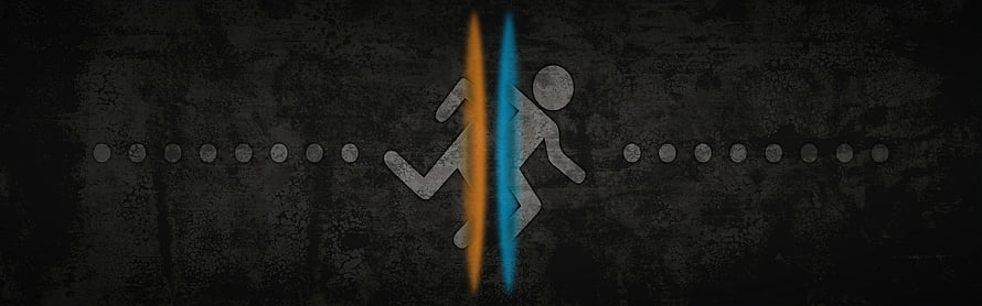 Portal Game Dual Monitor Banner with Glitch Effect and Split Character Icon HD wallpaper