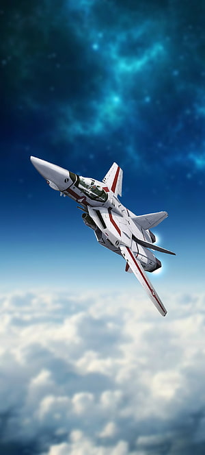 Macross Veritech Fighter Jet Soaring Above Clouds in Blue Sky HD phone wallpaper