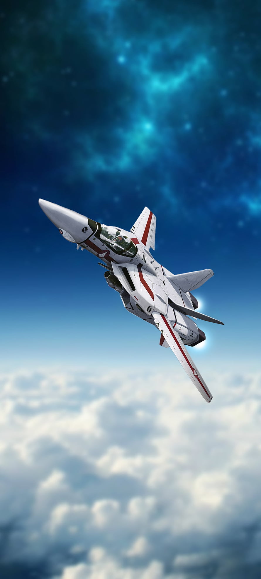 Macross Veritech Fighter Jet Soaring Above Clouds in Blue Sky HD phone wallpaper