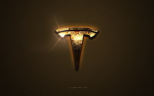 Glowing Tesla Emblem on Textured Brown Metal Surface with Dramatic Lighting HD wallpaper